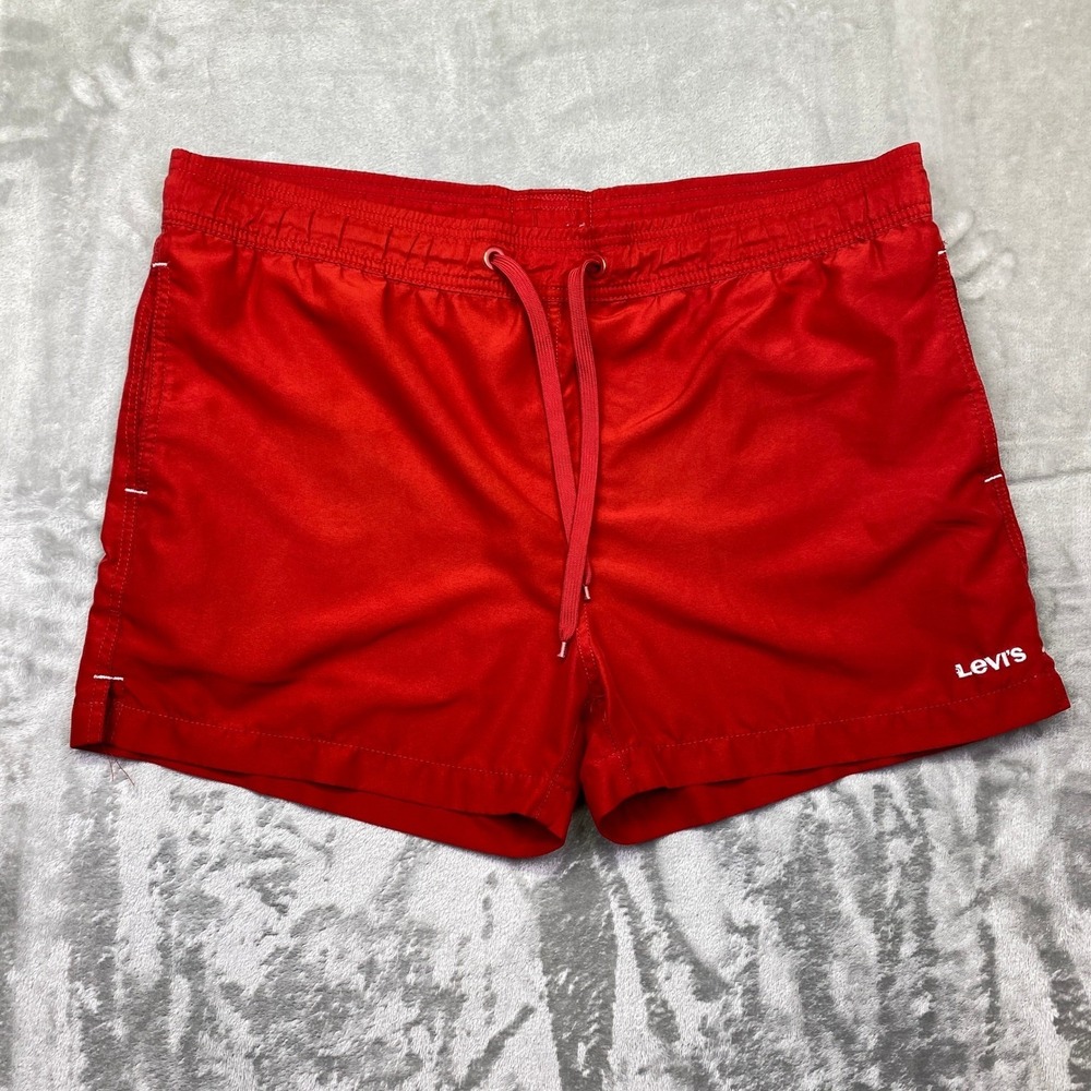 Levi's Red Swim Trunks Men's Size Medium Elastic Waist‎ Drawstring Logo Sz 38"